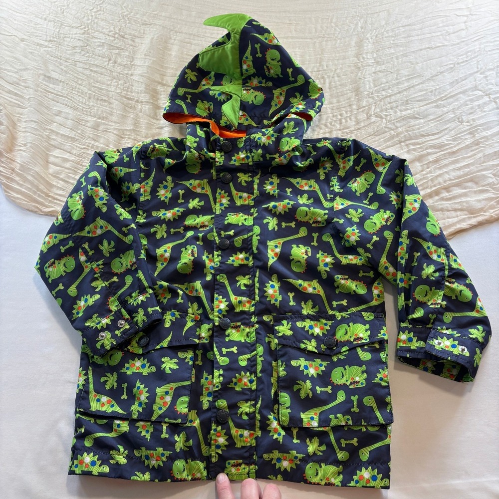 London Fog Boys Hooded Lined Adorable Navy Lime Green Dinosaur Rain Jacket Sz 5